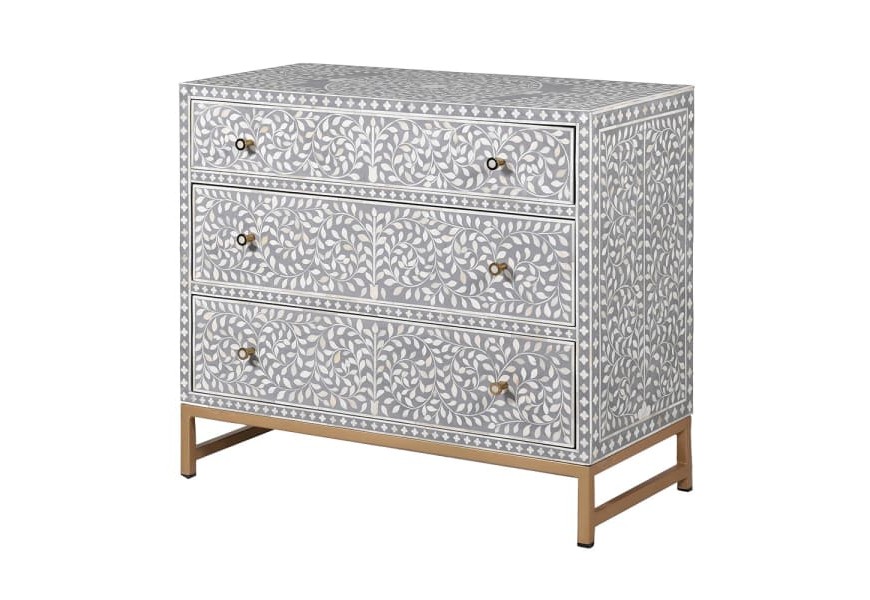 Luxusná art deco Komoda Daytona sivej farby s tromi zásuvkami, so zlatou kovovou podstavou a bielym prírodným zdobením technikou intarzie