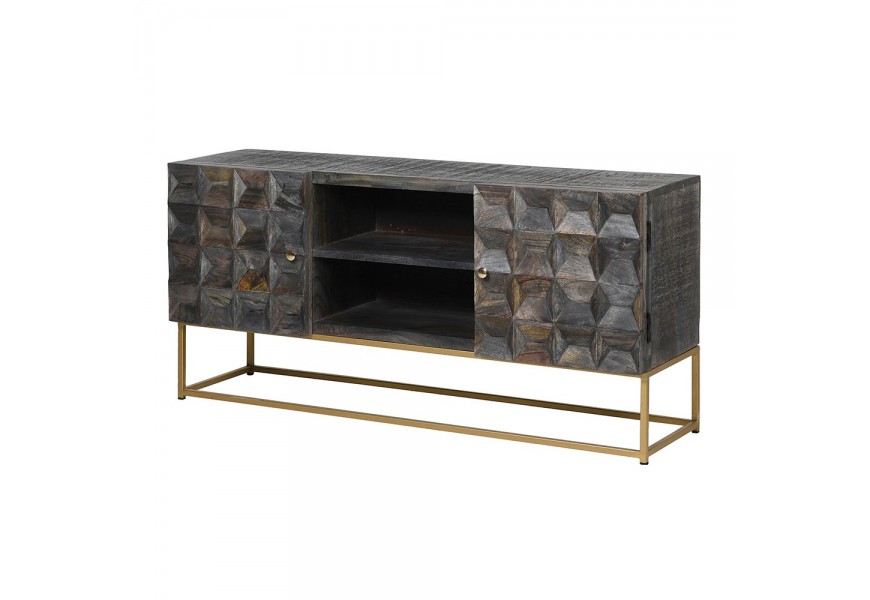 Sivý masívny TV stolík Relia z mangového dreva v art-deco štýle s vyrezávanými dvierkami a zlato zafarbenými kovovými nožičkami