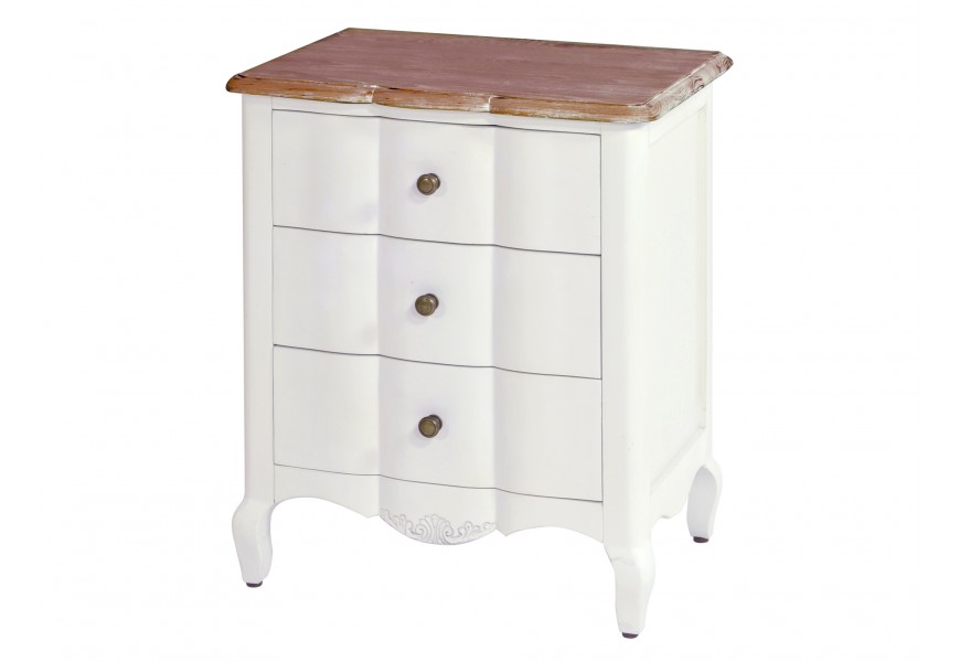 Biely provensálsky nočný stolík Antibes I z masívneho dreva s tromi zásuvkami