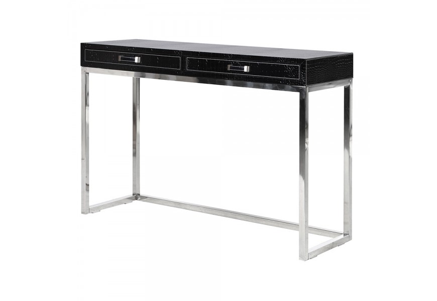 Dizajnový moderný luxusný konzolový stolík Dandee III s kovovou oceľovou lesklou konštrukciou na nožičkách a koženým krokodílím poťahom v čiernej farbe