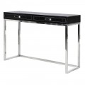 Dizajnový moderný luxusný konzolový stolík Dandee III s kovovou oceľovou lesklou konštrukciou na nožičkách a koženým krokodílím poťahom v čiernej farbe