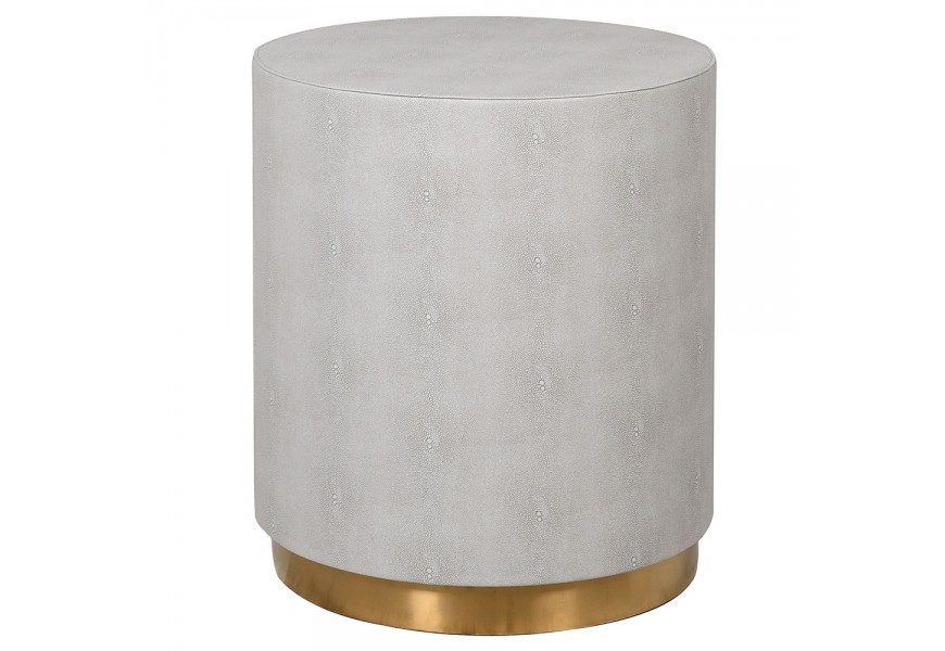 Art deco luxusn&yacute; modern&yacute; okr&uacute;hly pr&iacute;ručn&yacute; stol&iacute;k Ivoria v koženom sivom preveden&iacute; na zlatej okr&uacute;hlej podstave 45cm