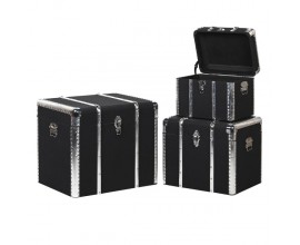 Štýlový set troch vintage truhlíc Sparks v luxusnom čiernom prevedení s kovovým strieborným zdobením