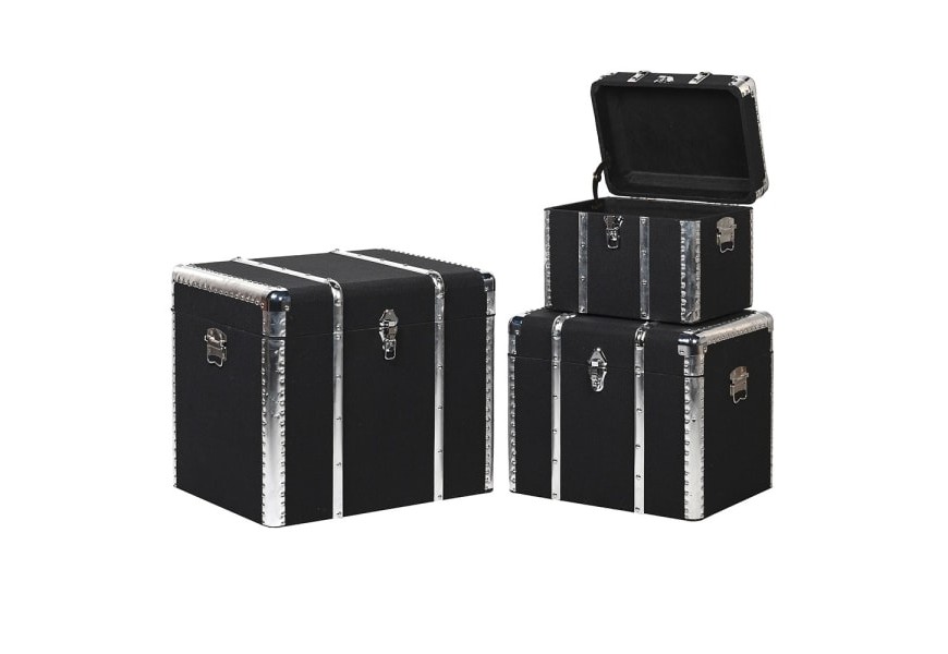 Štýlový set troch vintage truhlíc Sparks v luxusnom čiernom prevedení s kovovým strieborným zdobením