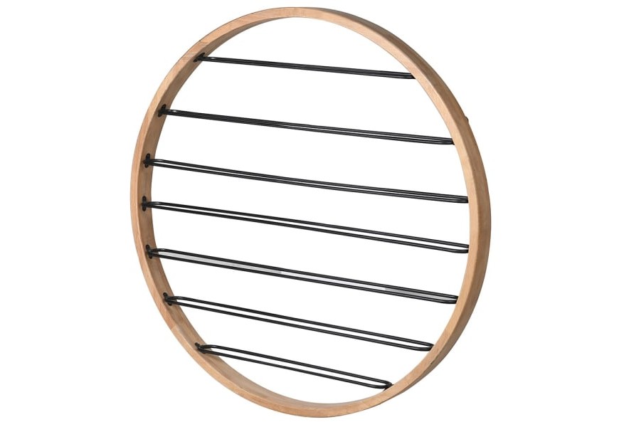 Dizajnový závesný regál na víno Marionette v industriálnom štýle s hnedou drevenou konštrukciou kruhového tvaru a kovovými poličkami