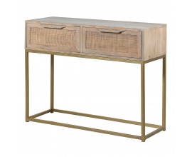 Vidiecky konzolový stolík Recto z mangového dreva s dvoma ratanovými zásuvkami s kovovou podstavou zlatej farby 100cm