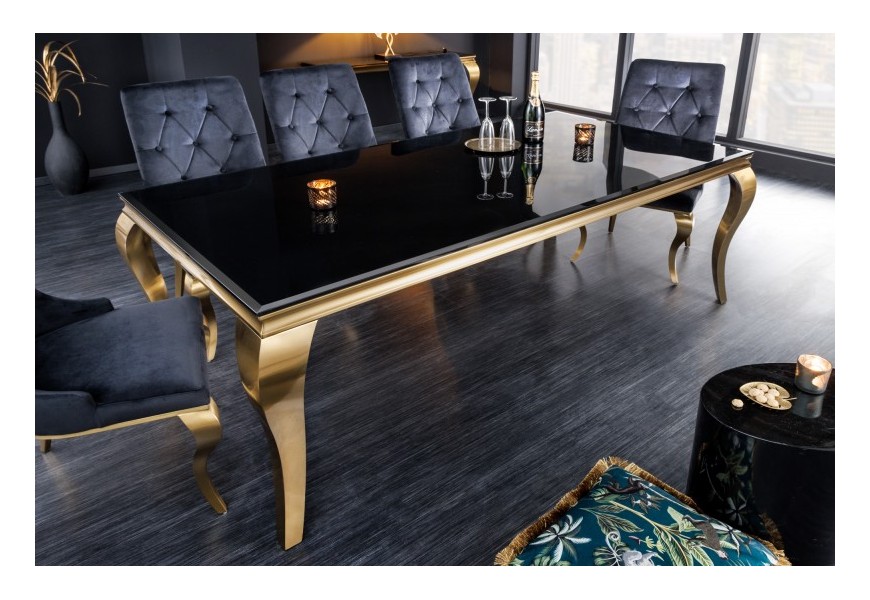 Moderný jedálenský stôl Gold Barock v barokovom štýle zlatá konštrukcia a čierne opálové sklo