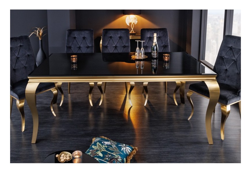 Barokový jedálenský stôl Gold Barock v modernom štýle zlatá konštrukcia a čierne opálové sklo 200cm