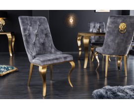 Baroková jedálenská stolička v modernom štýle Gold Barock zlatá / sivá s klopadlom v tvare hlavy leva 102cm