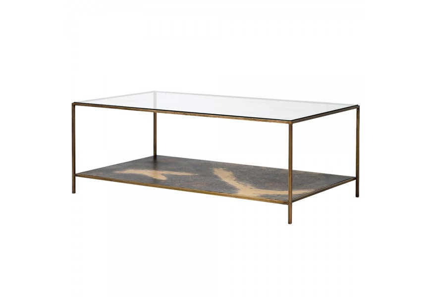 Elegantný obdĺžnikový art deco konferenčný stolík Oxidia so zlatou konštrukciou z kovu a so sklenenou povrchovou doskou