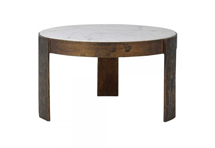 Dizajnový kruhový príručný stolík Roberta s konštrukviou z kovu a s bielou mramorovou doskou