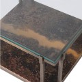 Art deco štvorcový príručný stolík Oxidia s kovovou medenou konštrukciou a sklenenou doskou 62cm