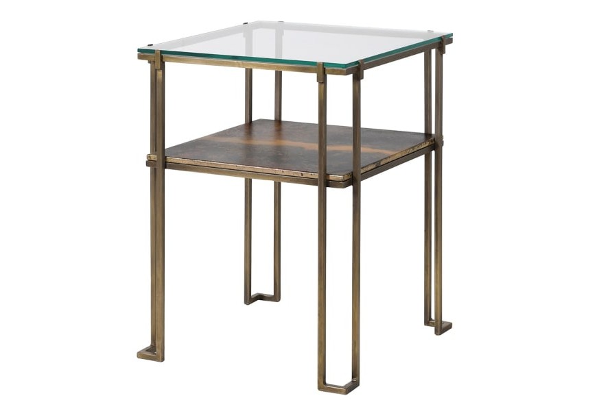 Štýlový art deco zlatý príručný stolík Oxidia štvorcového tvaru z kovu a skla s patinou s efektom oxidácie
