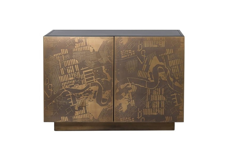 Luxusná drevená antická skrinka Dehlia v tmavohnedom odtieni s dvierkami so zlatým zdobením