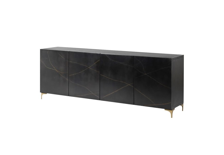 Luxusný príborník Salaman v art deco štýle z dreva v čiernom prevedení so zlatými kovovými nožičkami a s mramorovým efektom