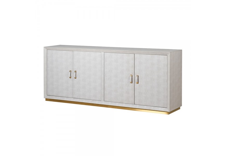 Moderný príborník z kolekcie Ivoria v koženom čalúnení v svetlej sivej farbe na zlatom kovovom podstavci s uzavretým úložným priestorom vo forme 4 dvierok