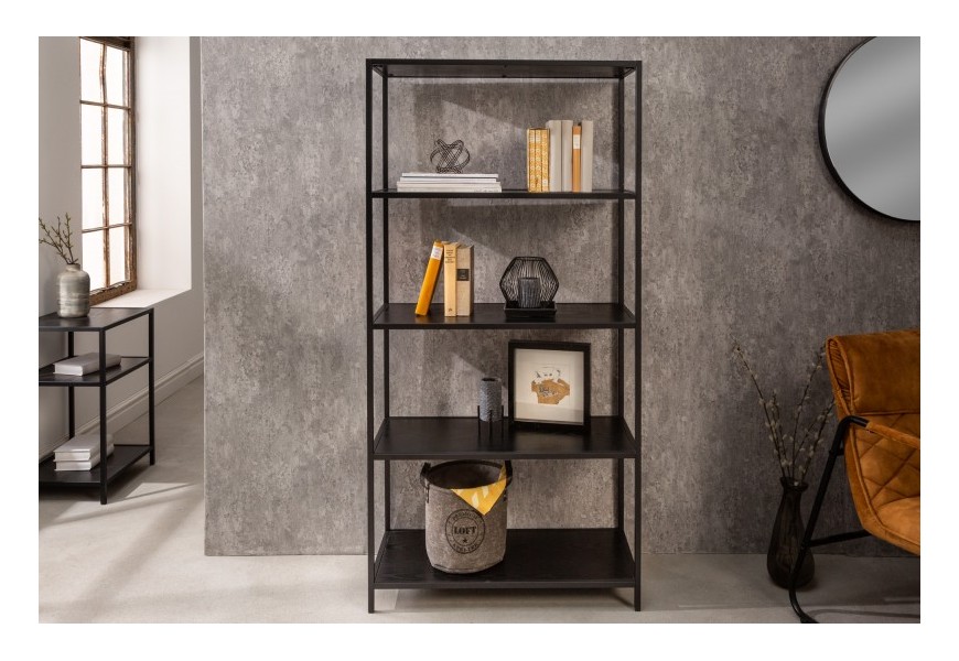 Industriálny čierny regál Industria Negra so 4mi policami s jaseňovou dyhou