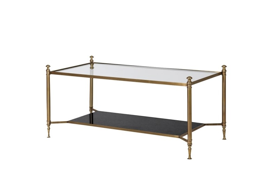 Luxusný kovový konferenčný stolík Mistral v medenom odtieni s čiernou mramorovou poličkou a sklenenou povrchovou doskou