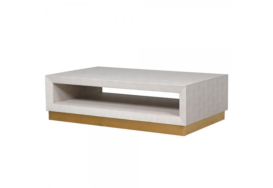 Konferenčný stôl v modernom štýle z kolekcie koženého čalúneného nábytku Ivoria v perlovo sivom prevedení bez nožičiek na zlatje podstave s otvoreným úložným priestorom