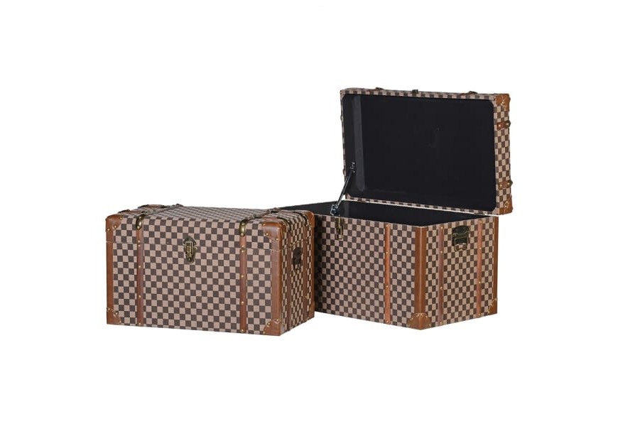 Dizajnový set dvoch retro truhlíc Vagner v hnedom prevedení s kovovým zlatým zdobením a hnedými remeňmi