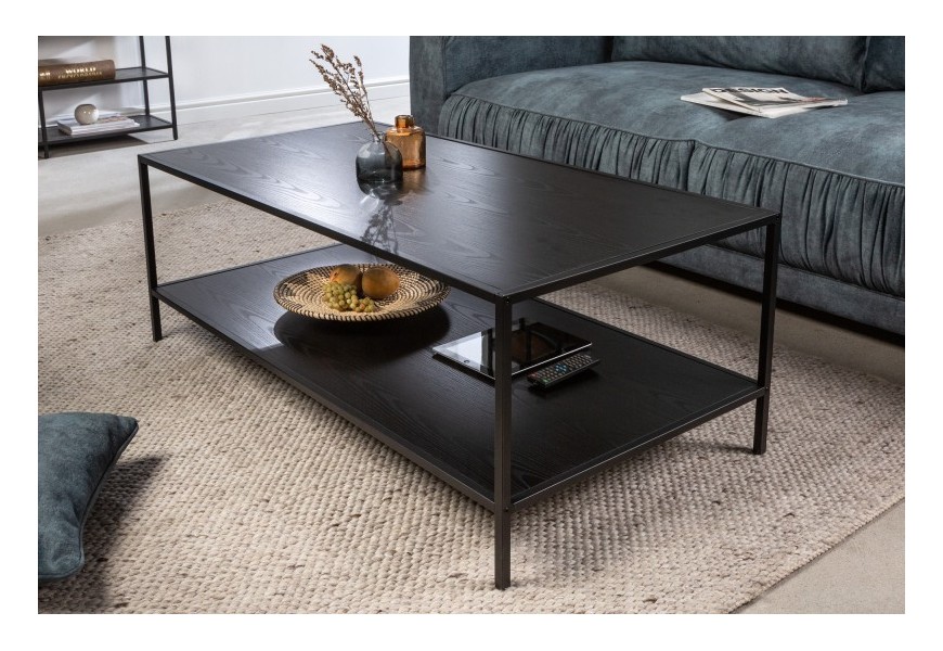 Industriálny čierny obdĺžnikový konferenčný stolík Industria Negra z čierneho dyhovaného dreva s kovovou konštrukciou čiernej farby