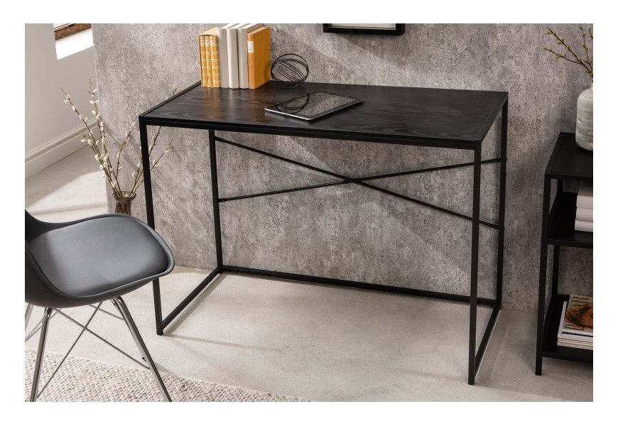 Moderný čierny písací stolík Industria Negra v drevenom prevedení s kovovou podstavou čiernej farby