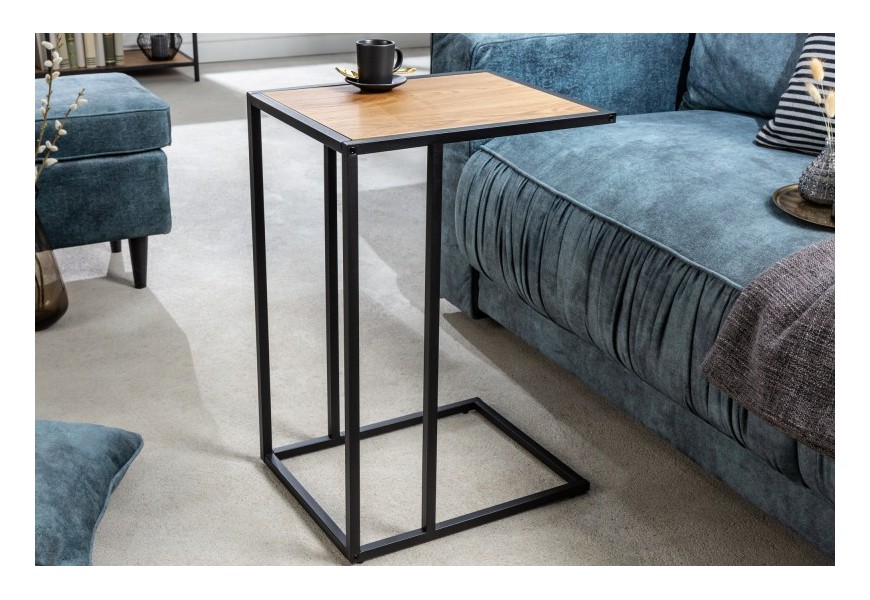 Moderný príručný stolík Industria Natura v industriálnom štýle s bledo hnedou doskou a kovovou podstavou v prevedení dub