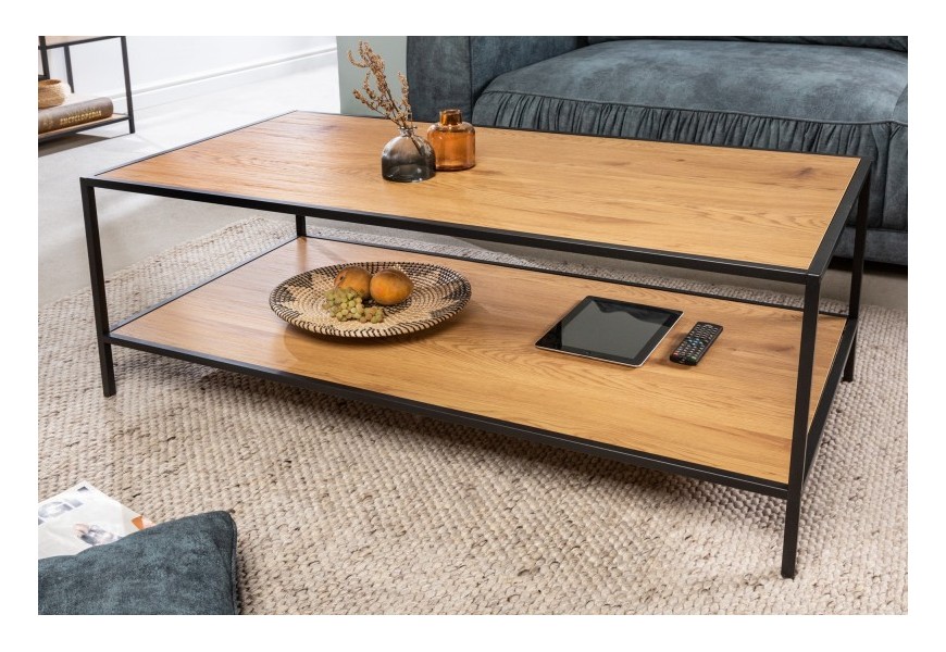 Industriálny hnedý konferenčný stolík Industria Natura obdĺžnikový z dubového dyhovaného dreva s kovovou konštrukciou čiernej farby