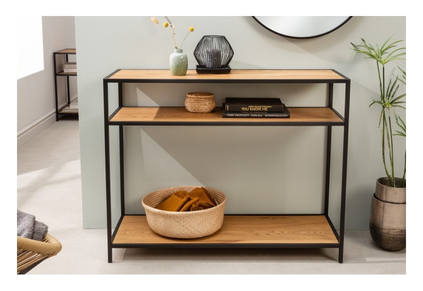 Industriálny konzolový stolík Industria Natura z dyhovaného dreva s čiernymi kovovými nožičkami bledo hnedý