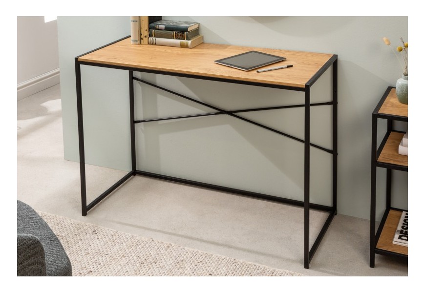 Moderný kovový písací stolík Industria Natura s dyhovanou vrchnou doskou a čiernymi nožičkami z kovu bledo hnedý