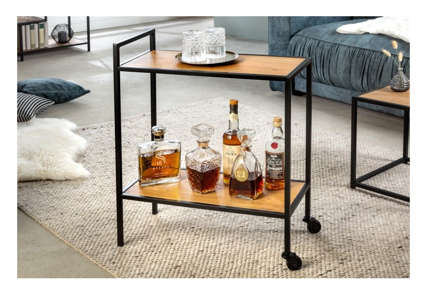 Moderný servírovací vozík Industria Natura s čiernou kovovou konštrukciou a doskami z dyhovaného dreva prevedenie dub 75cm