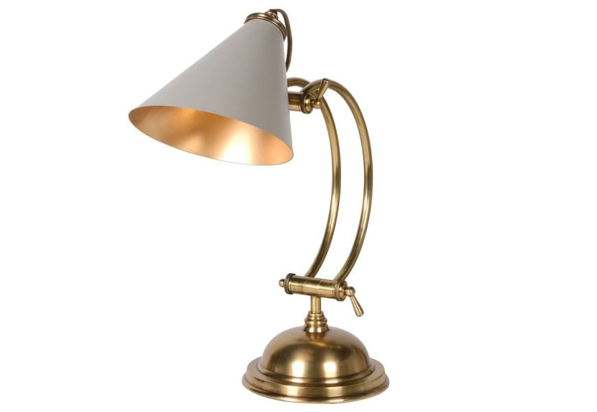 Vintage mosadzná stolná lampa Brassia so zlatou kovovou konštrukciou a sivým tienidlom 47cm