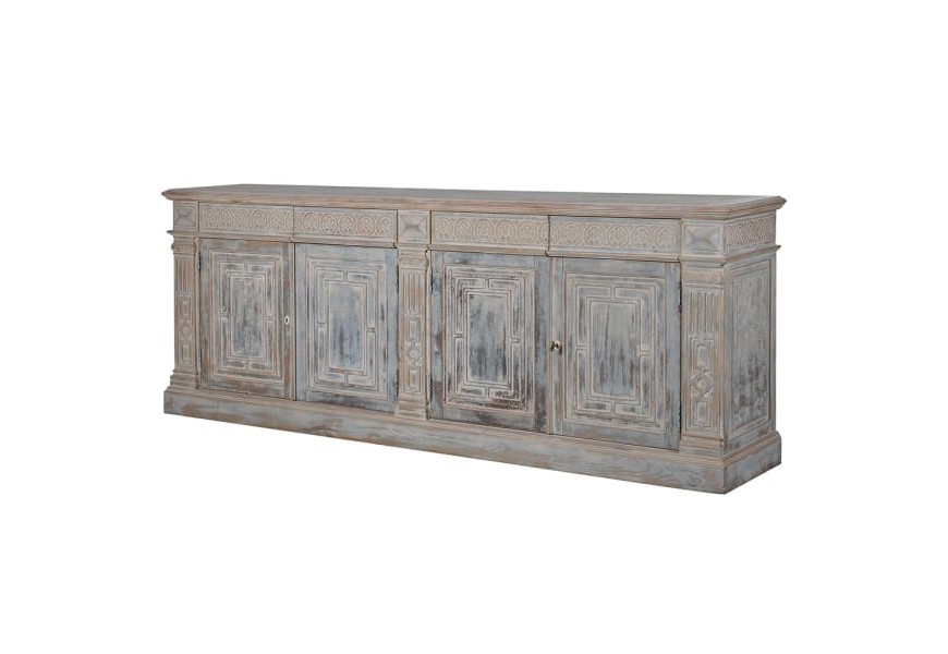 Masívny príborník Milenium v rustikálnom štýle sivohnedej farby s patinou a bohatým ručným vyrezávaním