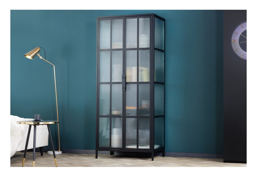 Moderná kovová vitrína Industria Durante v industriálnom prevedení s dvoma sklenenými dvierkami čierna