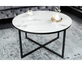 Moderný biely okrúhly konferenčný stolík Industria Marbleux s mramorovým vzhľadom s čiernou kovovou podstavou 80cm