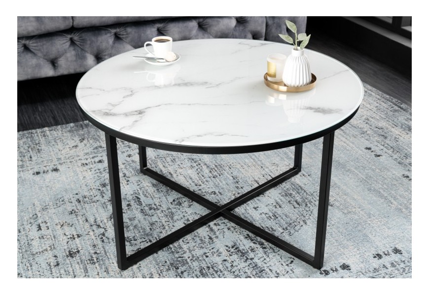 Moderný konferenčný stolík Industria Marbleux s bielou sklenenou doskou s mramorovým vzhľadom a čiernymi nožičkami z kovu okrúhly