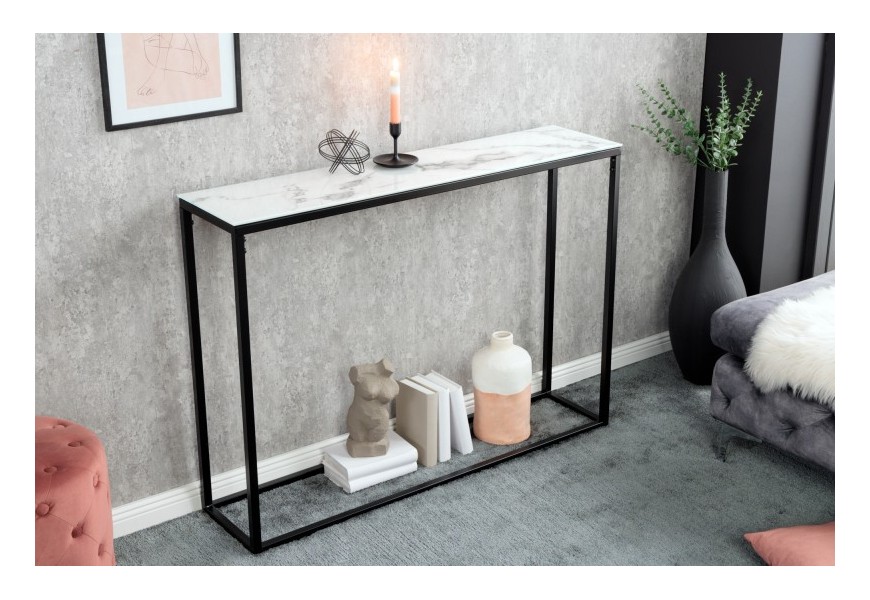 Moderný konzolový stolík Industria Marbleux s vrchnou doskou v prevedení biely mramor s čiernou kovovou podstavou 