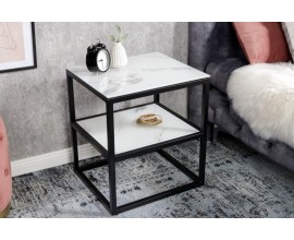Industriálny nočný stolík Industria Marbleux z bezpečnostného skla s bielym mramorovým vzhľadom s čiernou kovovou podstavou 45cm