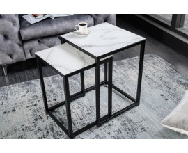 Moderný set príručných stolíkov Industria Marbleux s čiernou kovovou podstavou v prevedení mramor biely 55cm