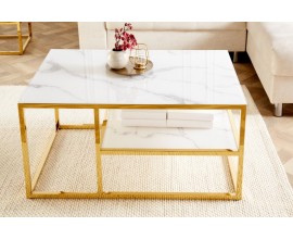 Moderný biely konferenčný stolík Gold Marbleux s mramorovým vzhľadom a kovovou konštrukciou zlatej farby obdĺžnikový 90cm