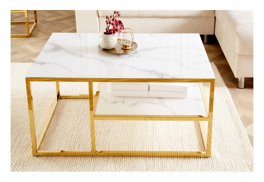 Mramorový obdĺžnikový konferenčný stolík Gold Marbleux v prevedení biely mramor s podstavou v zlatej farbe z kovu