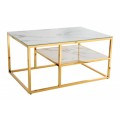 Luxusný obdĺžnikový konferenčný stolík Gold Marbleux s dvoma doskami s bielym mramorovým vzhľadom s kovovou podstavou zlatá