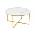 Moderný okrúhly konferenčný stolík Gold Marbleux s bielou mramorovou doskou zo skla s kovovou podstavou v zlatej farbe