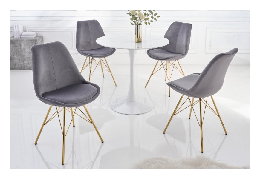 Art deco moderná jedálenská stolička Scandinavia s tmavosivým zamatovým čalúnením a zlatými nohami 86cm