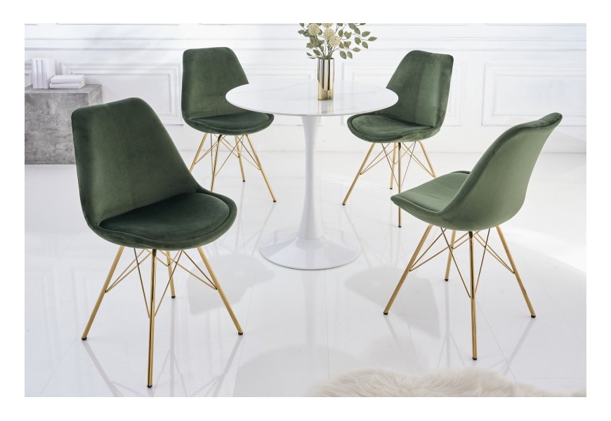 Moderná art deco jedálenská stolička Scandinavia so zeleným čalúnením a zlatou kovovou konštrukciou