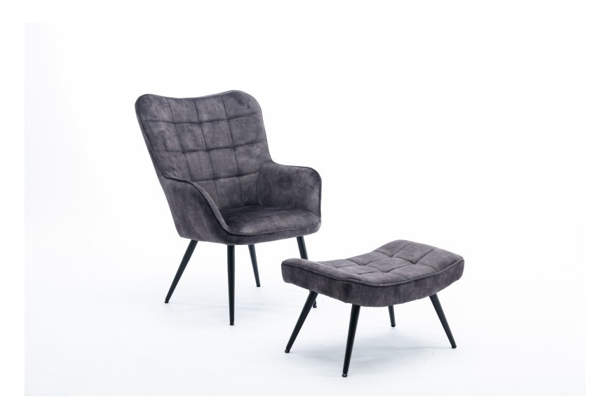Dizajnové škandinávske kreslo Scandinavia v tmavosivom prevedení zo zamatu s čiernymi kovovými nohami