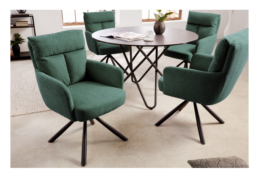 Dizajnová retro otočná stolička Dover v tmavozelenom prevedení s podrúčkami a čiernymi kovovými nohami 92cm