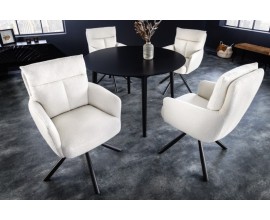 Retro dizajnová otočná stolička Dover s bielym textilným čalúnením a s čiernymi nohami z kovu 92cm