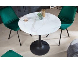 Art deco okrúhly jedálenský stôl Velma s mramorovou povrchovou doskou bielej farby a čiernou podstavou 80cm
