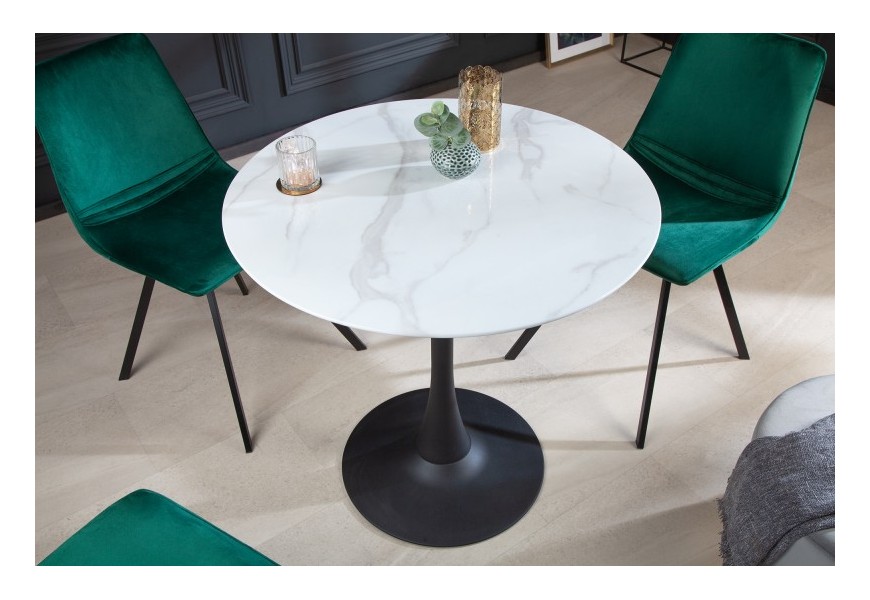 Art deco okrúhly jedálenský stôl Velma s mramorovou povrchovou doskou bielej farby a čiernou podstavou 80cm